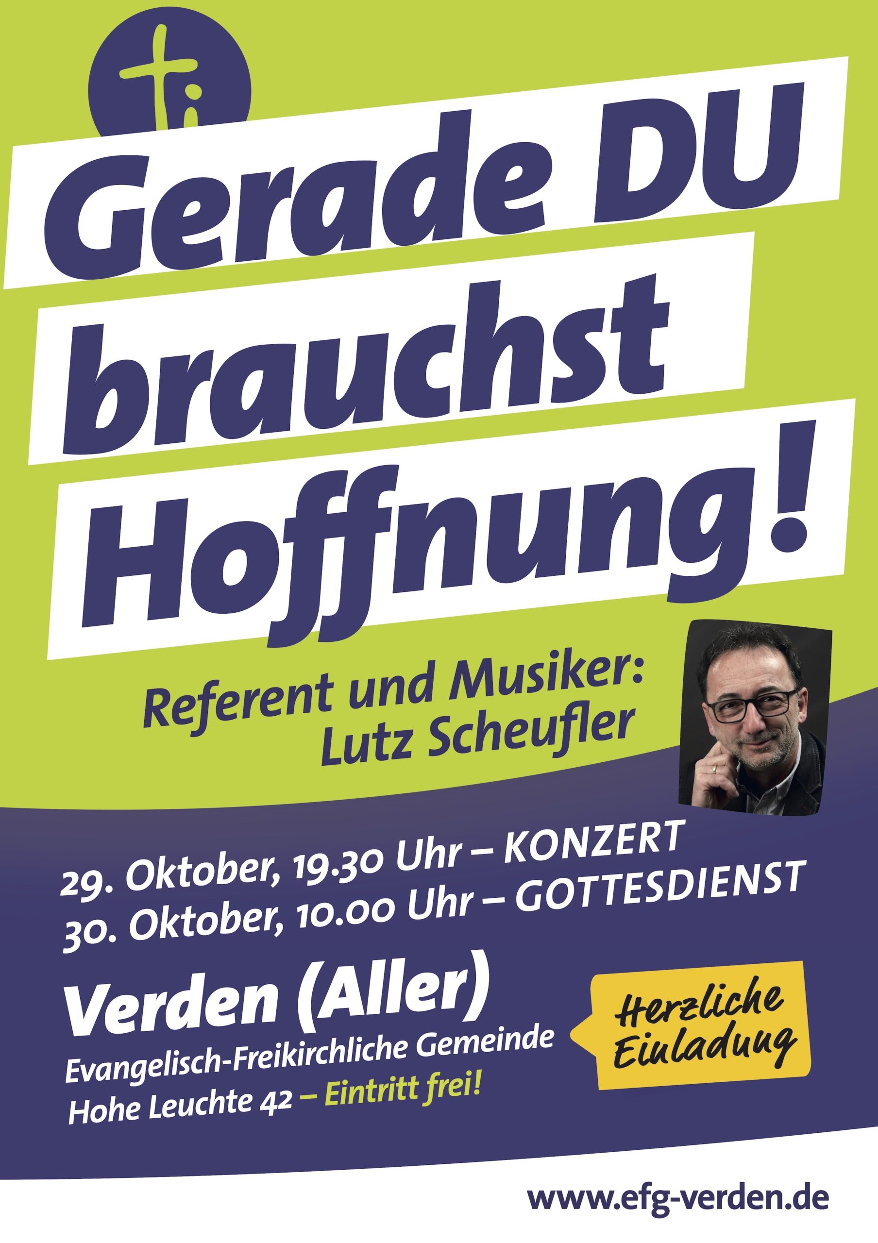 Flyer Konzert und Gottesdienst mit Lutz Scheufler am 29. und 30.10.2022